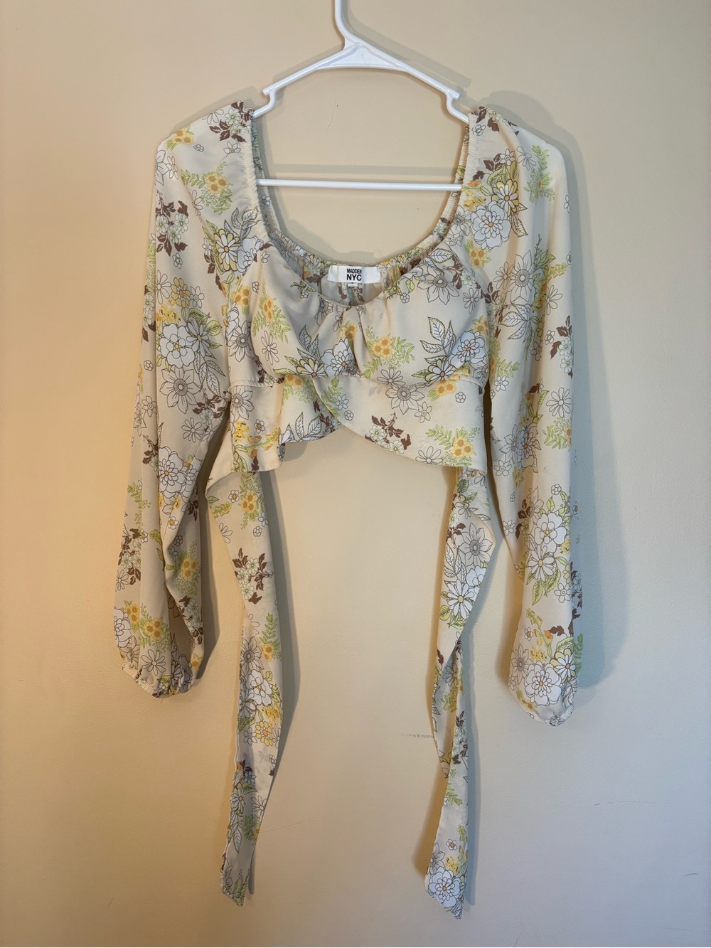 NYC Floral Tie-Front Blouse in Cream and Yellow